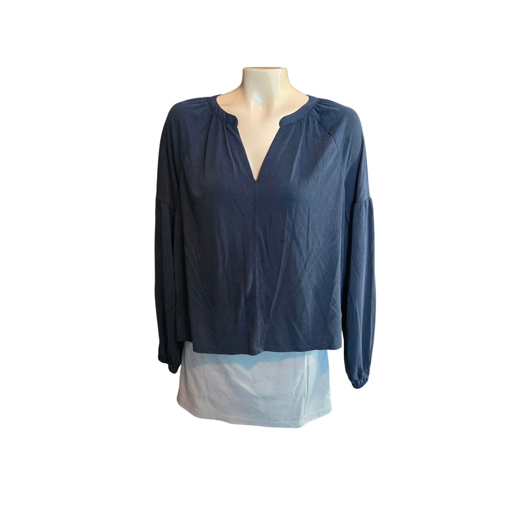Lucky Brand Womens Split Neck Blouse Medium Black Lantern Sleeve Top Lightweight